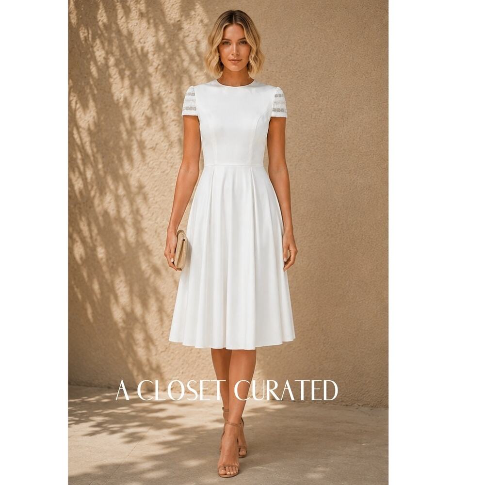 Mac Duggal High Neck Cap Sleeve Tea-Length Dress 2 White NWT Style 55699
